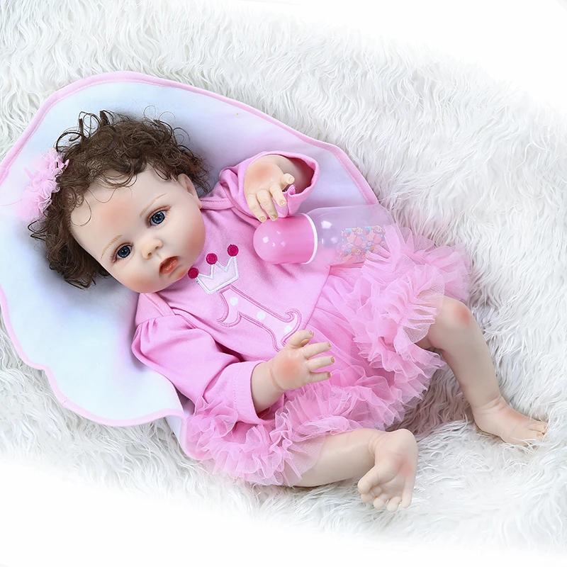 

Curly hair rooted full body silicone reborn baby doll 23" 57cm pink girl bebe reborn bonecas can bathe kids gift