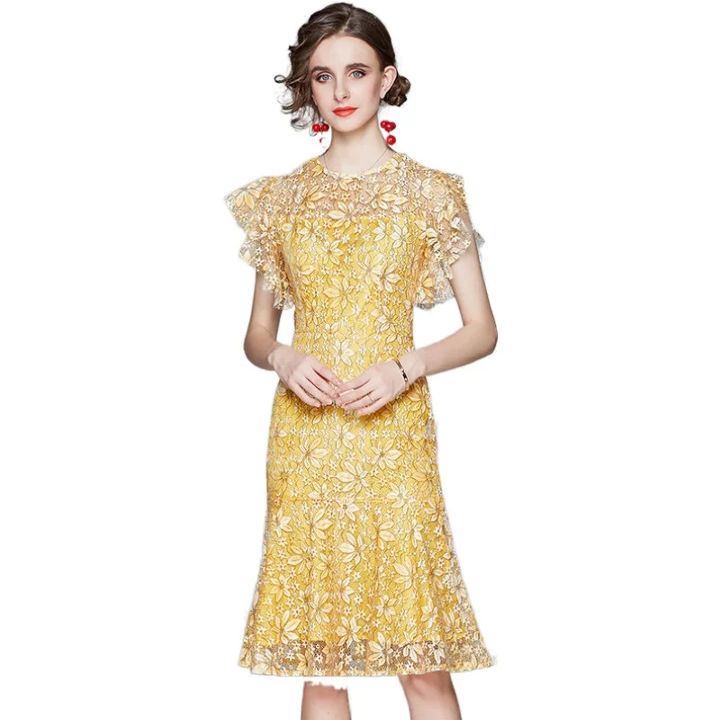 

Simgent платье с русалочкой Для женщин с оборчатыми рукавами элегантные вечерние офисные по колено, желтое кружевное платье Vestidos Robe Dentelle Jurk ...