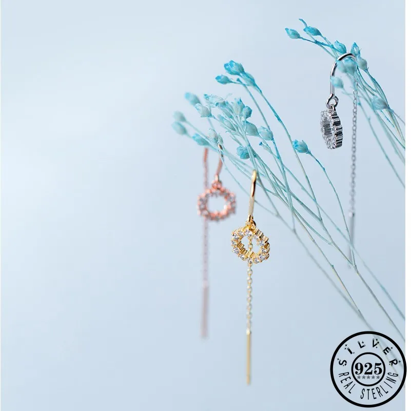 925 Sterling Silver Cubic Zircon Round Shape Statement Long Chain Rose Gold Color Plated Dangle Drop Earrings for Women | Украшения и