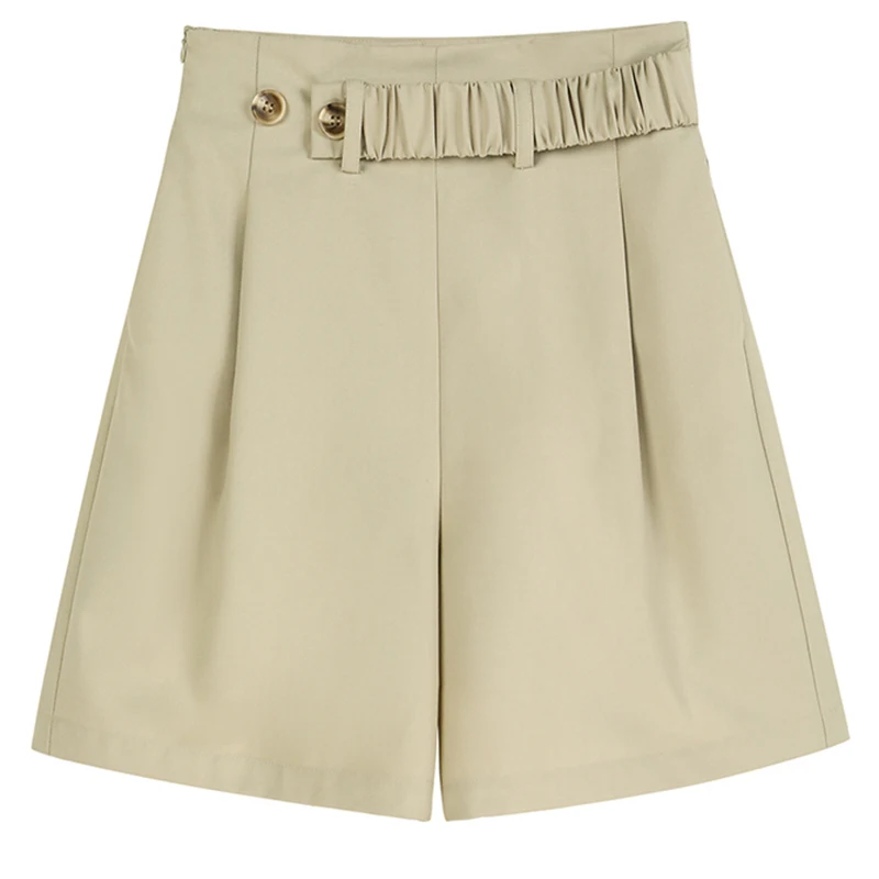 

[EAM] Women Khaki Big Size Button Wide Leg Shorts New High Waist Loose Fit Trousers Fashion Tide Spring Summer 2021 1DD5997