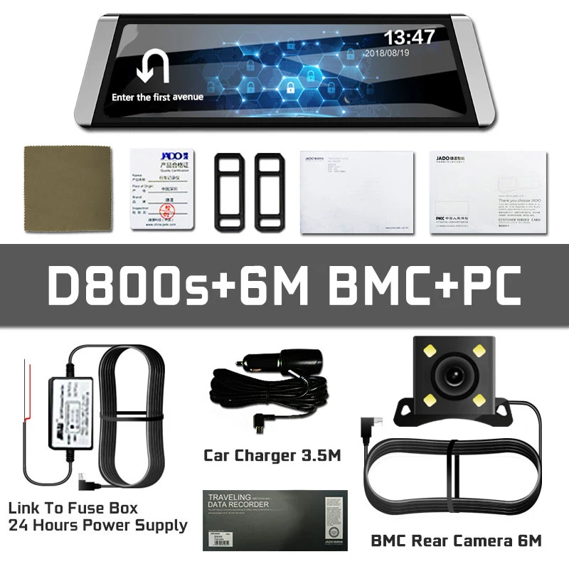 JADO D800s X2 Автомобильный видеорегистратор поток зеркало заднего вида камера LDWS gps трек 10 ips сенсорный экран Full HD 1080 P Автомобильный видеорегистратор - Название цвета: D800-BMC-PC
