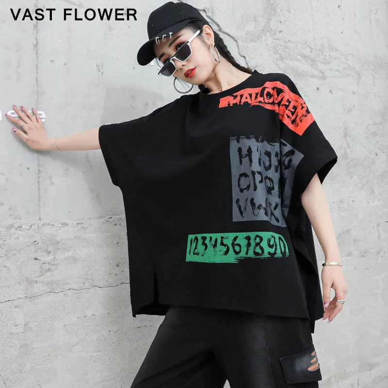 

Letter Print Split Black T-Shirt Women Korean Batwing Round Neck Short Sleeve Loose Casual Tshirt Femme Tops Fashion Summer 2021