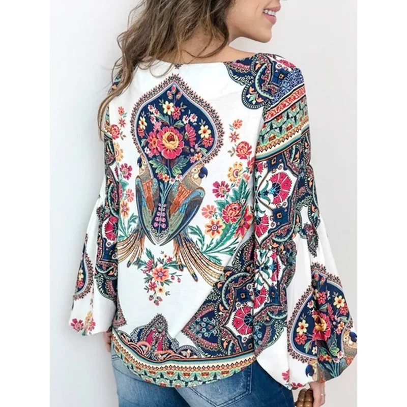 

2021 Fall Vintage Ladies Blouse Lantern Sleeve O-neck Hollow Design Chiffon Shirts Digital Printing Chinese Style Tops Oversized