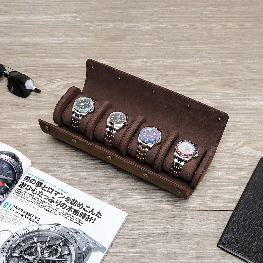 Luxury 4 Slots Watch Roll Travel Case Chic Vintage Genuine Leather Display Watch Storage Box with Slid in Out Watch Organizers