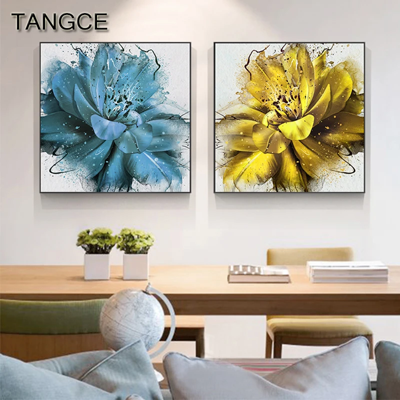 

Abstract Blooming Flower Canvas Painting Blue Yellow Prints and Posters for Living Room Modern Decor Expensive Wall Art Picture