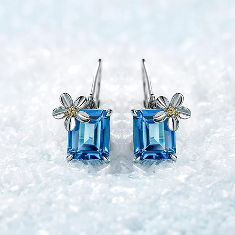 

Unique Dainty Zircon Flower Hoop Earrings Sweet Silver Color Aqua Blue Square Crystal Stone Dangle Earrings Women Boho Jewelry