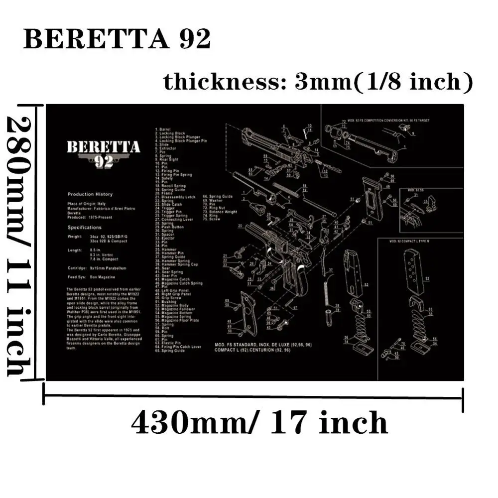 Beretta 92 Большой чистящий коврик для ружья AR15 AK47 Glock 1911 SIG винтовка пистолет оружейный оружейник разборка ремонт набор инструментов для сборки скамьи колодки - Цвет: Beretta 92