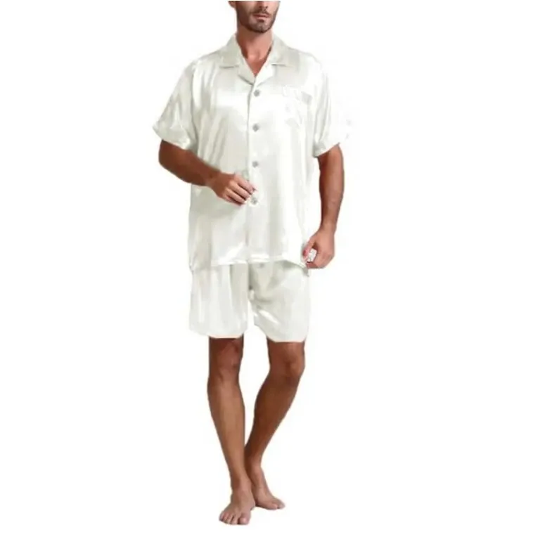 

Plus Size Summer Fashion Men Silk Satin Pajamas Sets Soft Sleepwear Silk Short Sleeve Tops Short Men Pajama Homewear Suits M-3XL