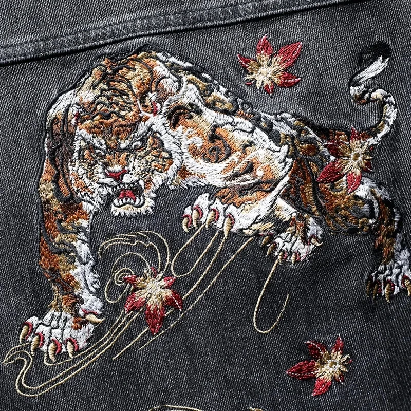 Куртка мужская джинсовая с вышивкой китайского тигра свободная верхняя одежда
