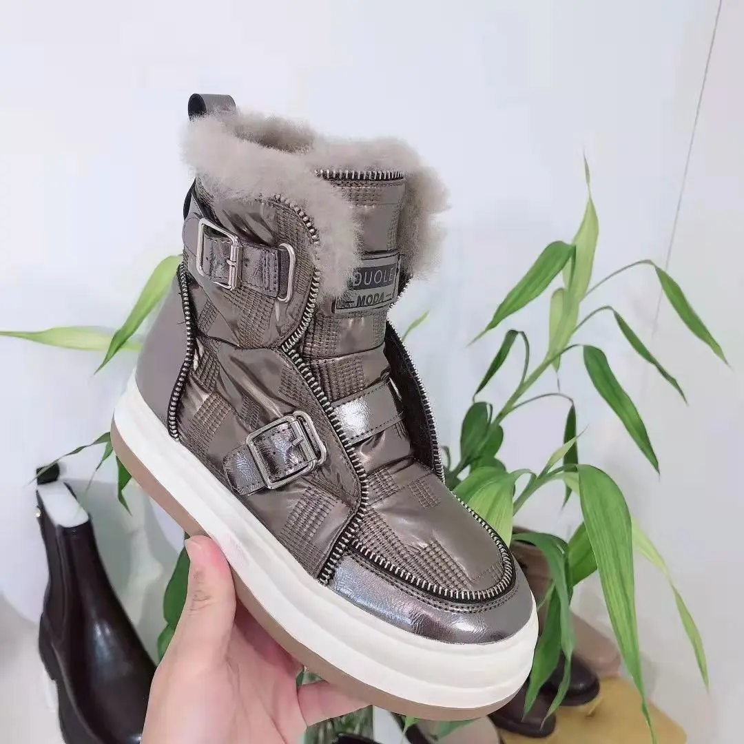 

2021 New Winter Snow Boots Women's plus Velvet Shoes down Leather Waterproof Thick Bottom and Warm Keeping Pleated Belt Buckle