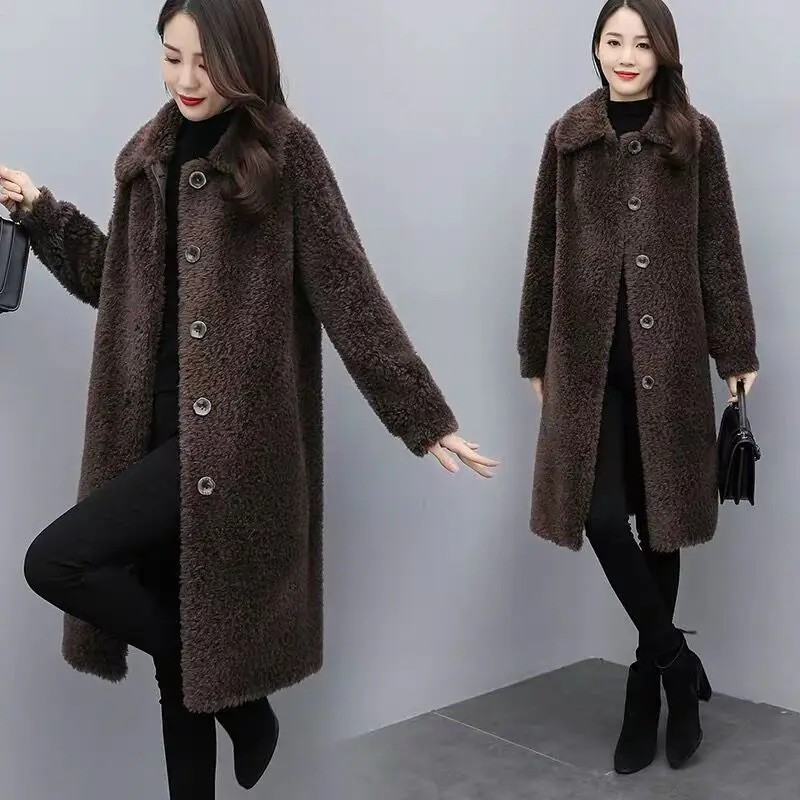 2022 Woman Fashion Real Wool Fur Coats Female Winter Turn Down Collar Warm Jacket Outwear Ladies Mid-Length Loose Outwear Q238