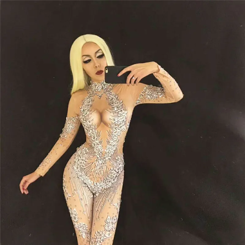 

D33 Singer stage dance costumes elastic rhinestones jumpsuit printing jumpsuit women sexy diamonds leotard tights dj siamese bar