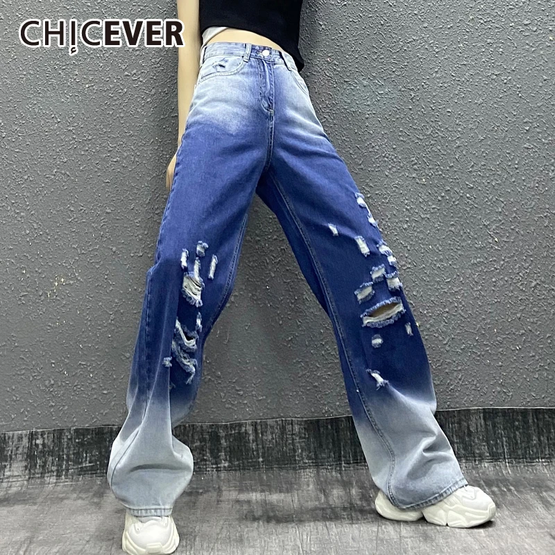 

CHICEVER Minimalist Hit Color Hole Denim Pant For Women High Waist Full Length Straight Loose Jeans Females Spring Fashion Style