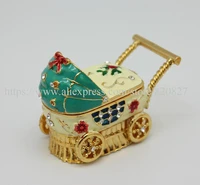 small baby carriage stroller decorative rhinestones hinged jewelry box vintage metal baby carriage trinket box