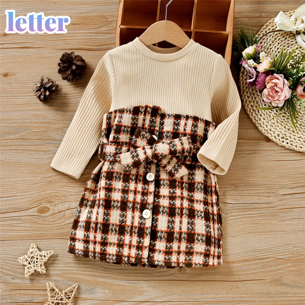 

Spring Autumn Toddler Baby Kid Girl Dress Long Sleeve Plaid Patchwork Button Knitted Dress Fake Two Piece Patchwork Design