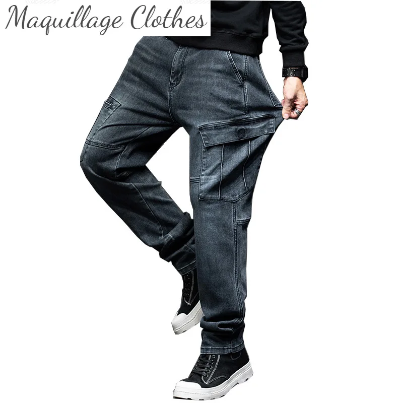 

Men Cargo Straight Jeans Trousers Multi Pockets Loose Casual Denim Pants For Male Plus Size 29-44