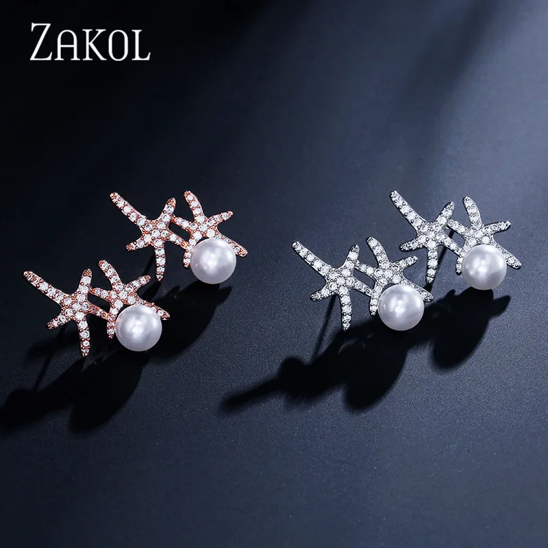 ZAKOL Новое поступление модные циркониевые серьги гвоздики с жемчугом в виде