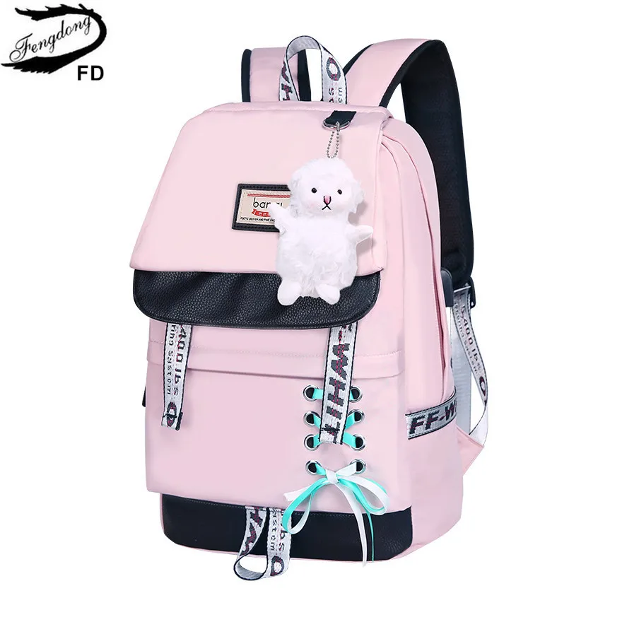 Женский рюкзак с принтом Fengdong черный школьный для девочек украшенный в виде