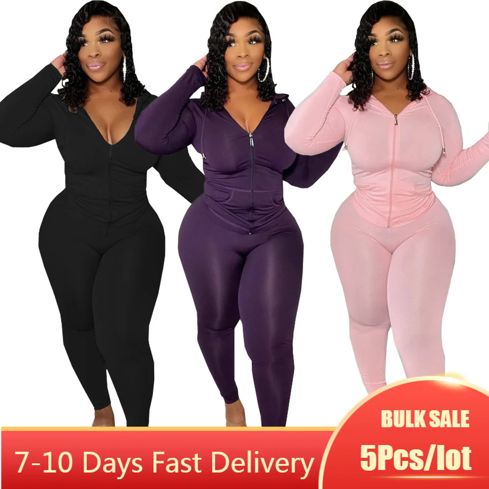 

5PCS Bulk Item Wholesale Lots Autumn Plus Size Two Piece Set for Women Zipper Hoodie Tops Long Pants Joggers Womens Outfits