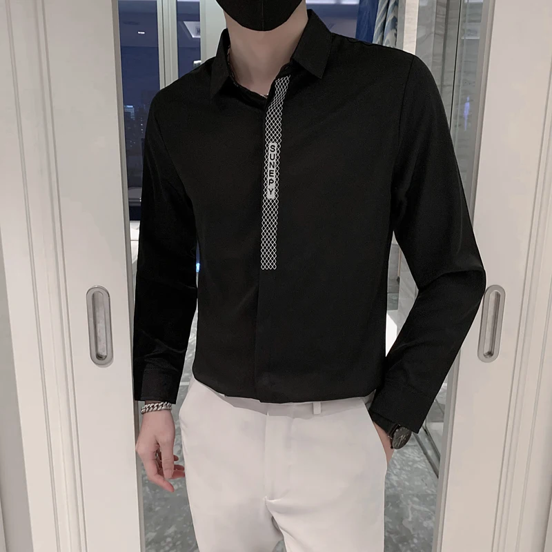 2021 new fashion long sleeve shirt solid color slim fit breathable trend men's social leisure business black and white shirt