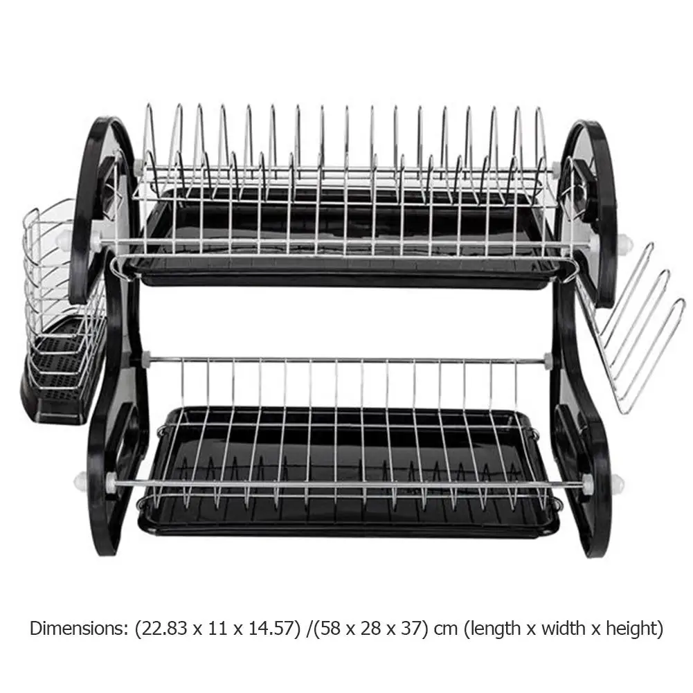 

Black Multi-Function Double Bowl Plate Chopsticks And Spoon Collection Shelf Vegetable Fruit Drain Rack Smooth Surface