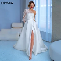 fairykissy white wedding dresses one shoulder high split modern bridal beach boho dress appliques satin wedding gown custom size