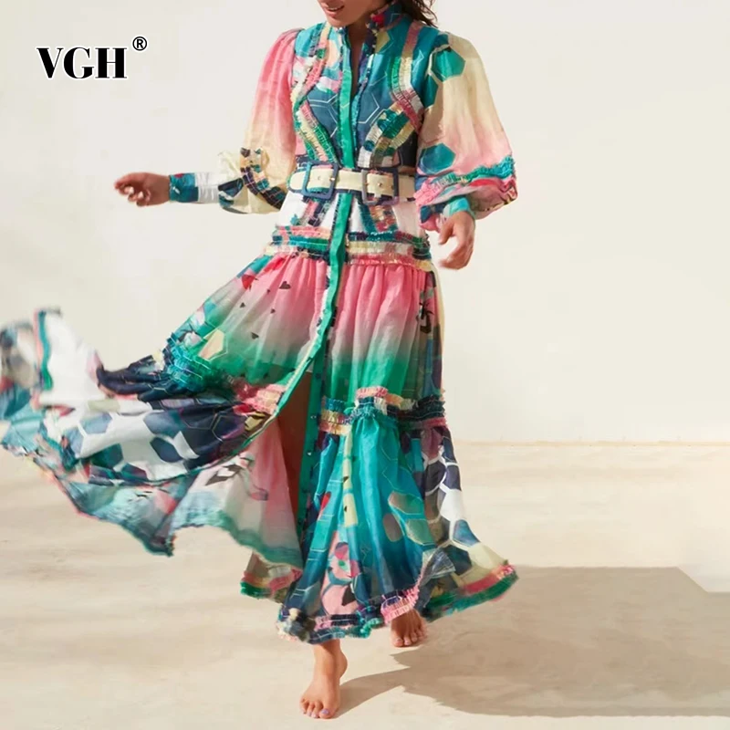 

VGH Casual Colorblock Patchwork Lace Print Dress For Women Stand Collar Lantern Sleeve Gathered Waist Dresses Female 2022 Style