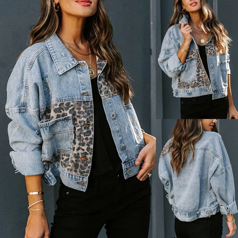 

Autumn Women Denim Jackets Leopard Patchwork Fashion Print Ripped Hole High Street Casual Outerwear Versatile Female Short Coat