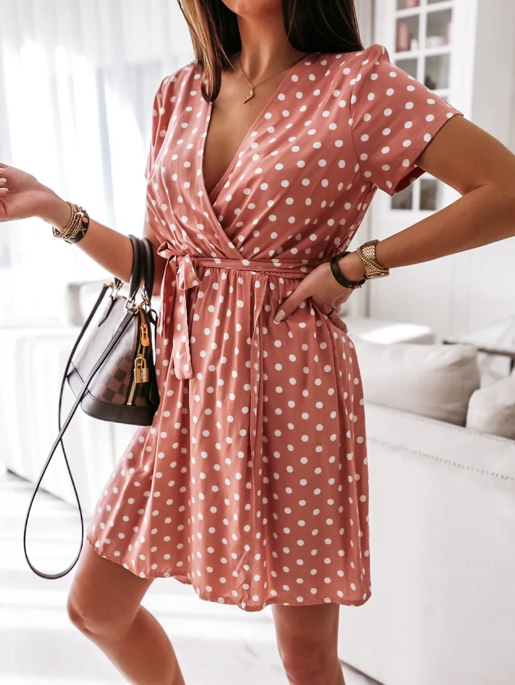

New Women Summer Fashion Polka Dot Dress Short Sleeve V-Neck Boho Dress Ladies Elegant Party Holiday Mini Vestidos Sundress