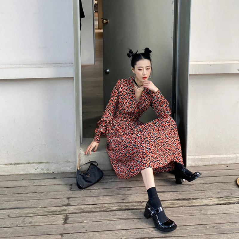 

V-Neck Long Sleeve Floral Pink Dress Vintage 2021 Spring And Autumn New High Waist Long Dress Casual Streetwear