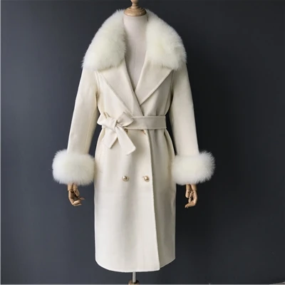 Cream White MAOMAOFUR кашемировое шерстяное пальто воротник из натурального Лисьего меха пиджак с манжетами с поясом Зима Осень Женское шерстяное пальто - Цвет: Cream White