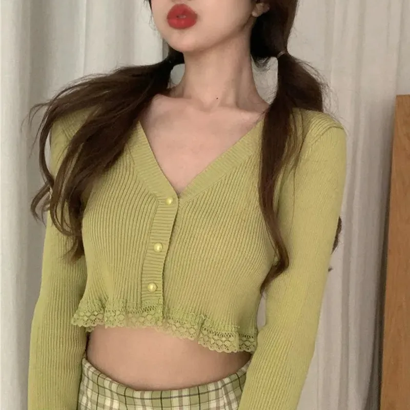 

Women V Neck Full Sleeve Lace Patchwork Knit Crop Cardigans Autumn Spring Thin Sweater Tops Ladies Exposed Navel Slim Knitwear