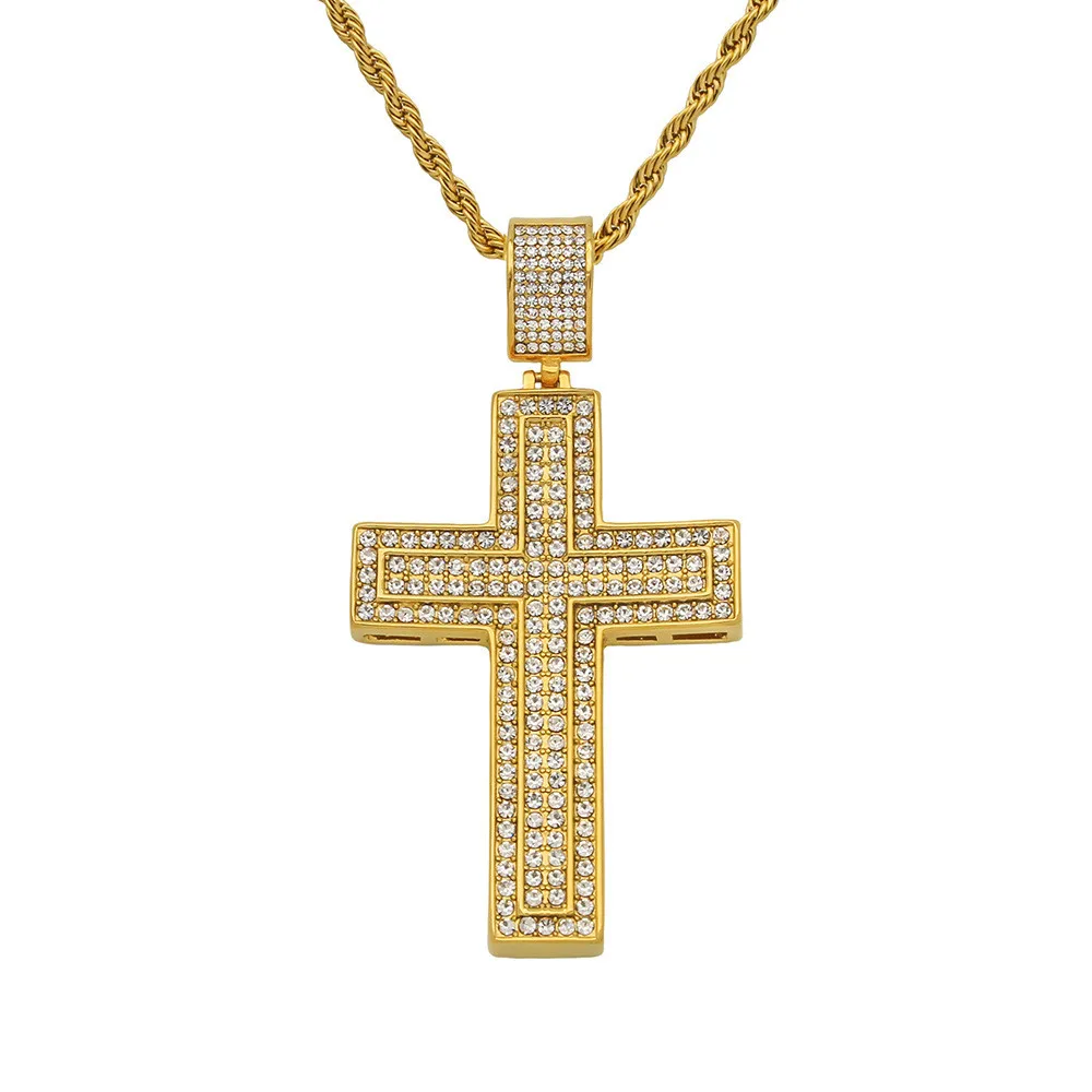 

Fashion Iced Out Bling Big Cross Pendant Gold Color Charm Cubic Zirconia Men's Hip Hop Necklace Chain Rock Jewelry