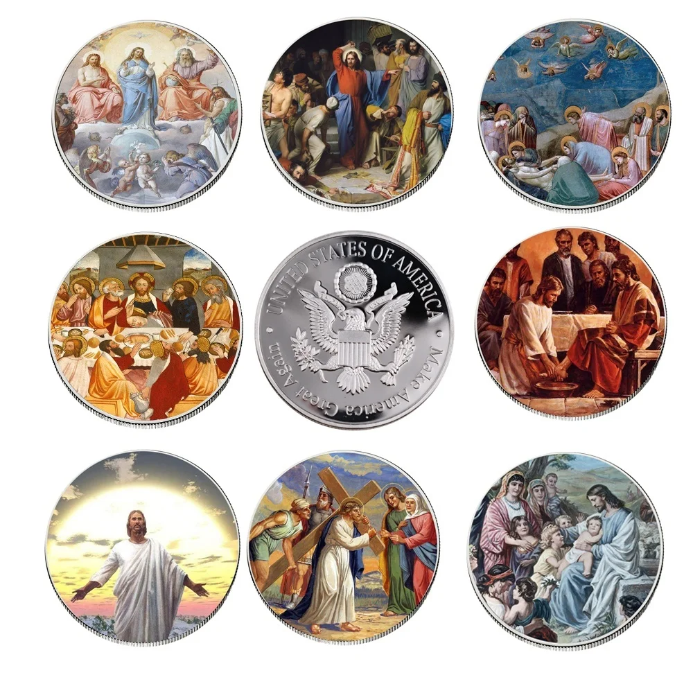 

8+2 Designs Silver Plated Jesus Series Coins Home Decorative Christian Commemorative Challenge Coins for Gift and Collection
