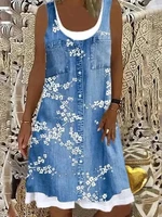 women sleeveless mini dress round neck floral print imitation denim dress summer casual beach loose dresses elegant robe femme