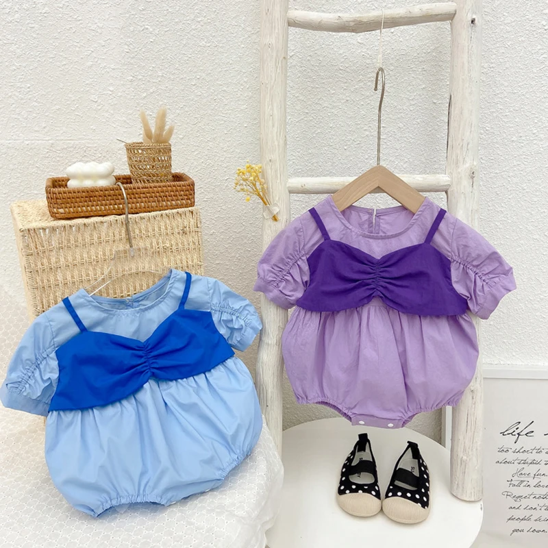 

Keelorn Summer Baby Rompers Korean Style Infant Baby Cotton Princess Jumpsuits Short Sleeve Children Patchwork One-pieces