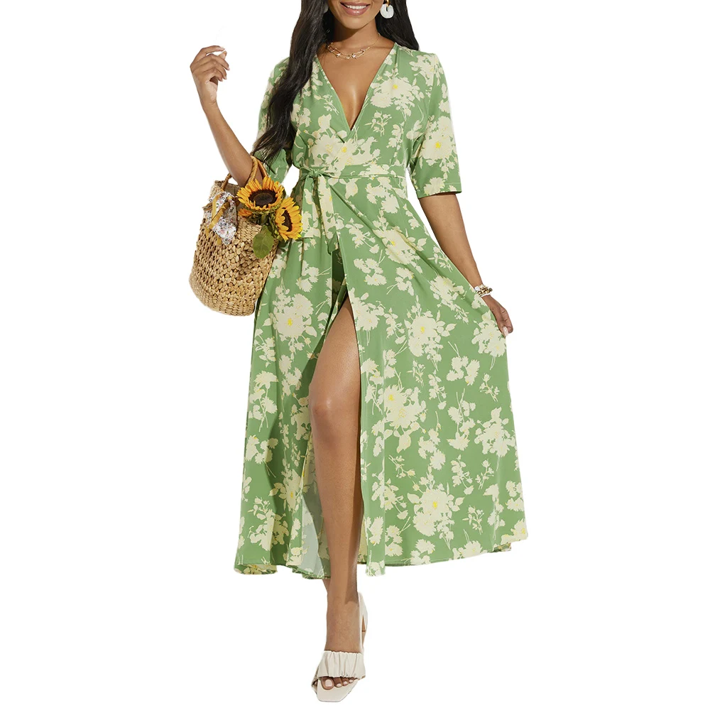 

Summer Beach Maxi Dress Women Floral Print Boho Vintage Long Dress Ladies Wrap Casual V-Neck Split Sexy Party Dress Robe Femme