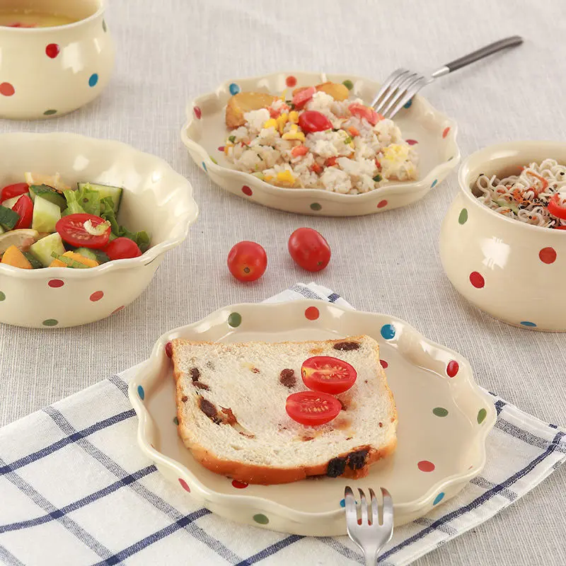 Wave Point Bowl Set Ceramic Dishes Cutlery Cute Breakfast Plate Cereal Small Glass Candy | Дом и сад