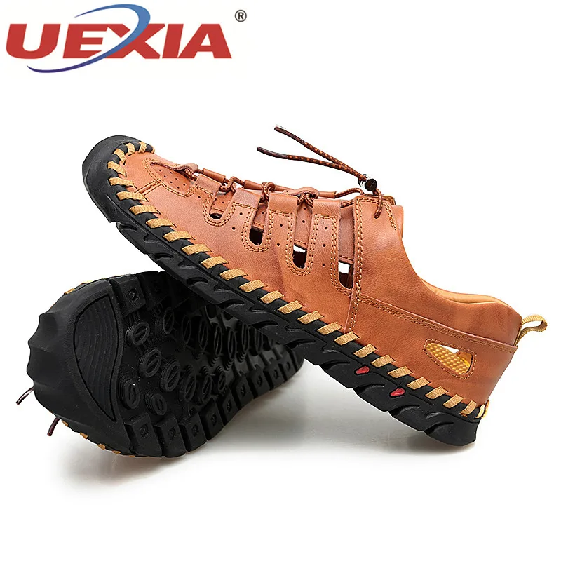 Сандалии UEXIA мужские кожаные Уличная обувь на плоской подошве деловой стиль