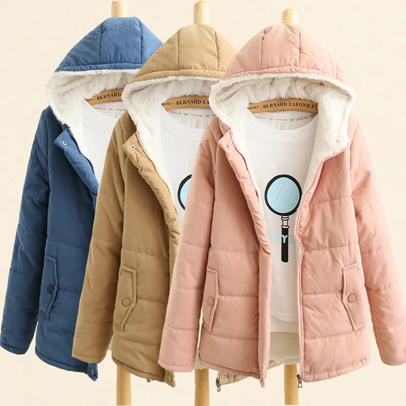 Fdfklak M-3XL Autumn Winter Coat Women Plus Velvet Thick Korean Fashion Hooded Jacket College Style Gilet Femme Manche Longue