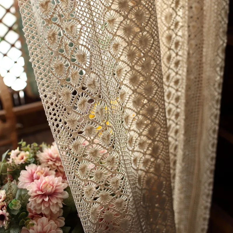 

Retro Hollowed Crochet Phoenix Tail Transparent Curtain Cotton Linen Fabric For Window Screen Finished Tulle Curtain ZH472#4