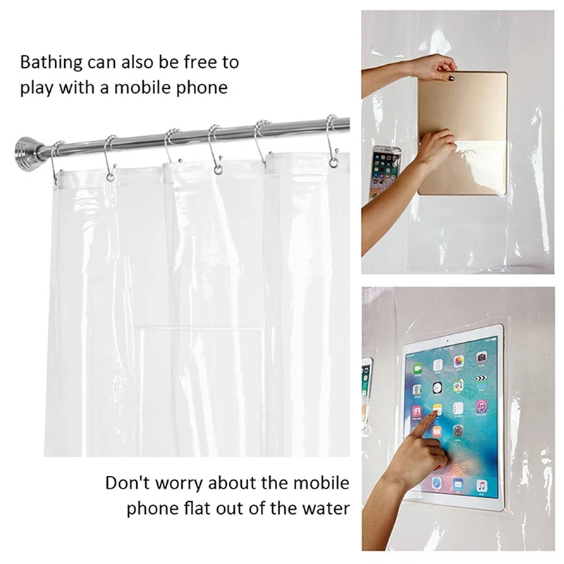 Multifunctional Shower Curtain Phone Tablet Holder Clear with Pocket for Touch Screen Transparent Bathroom shower | Дом и сад