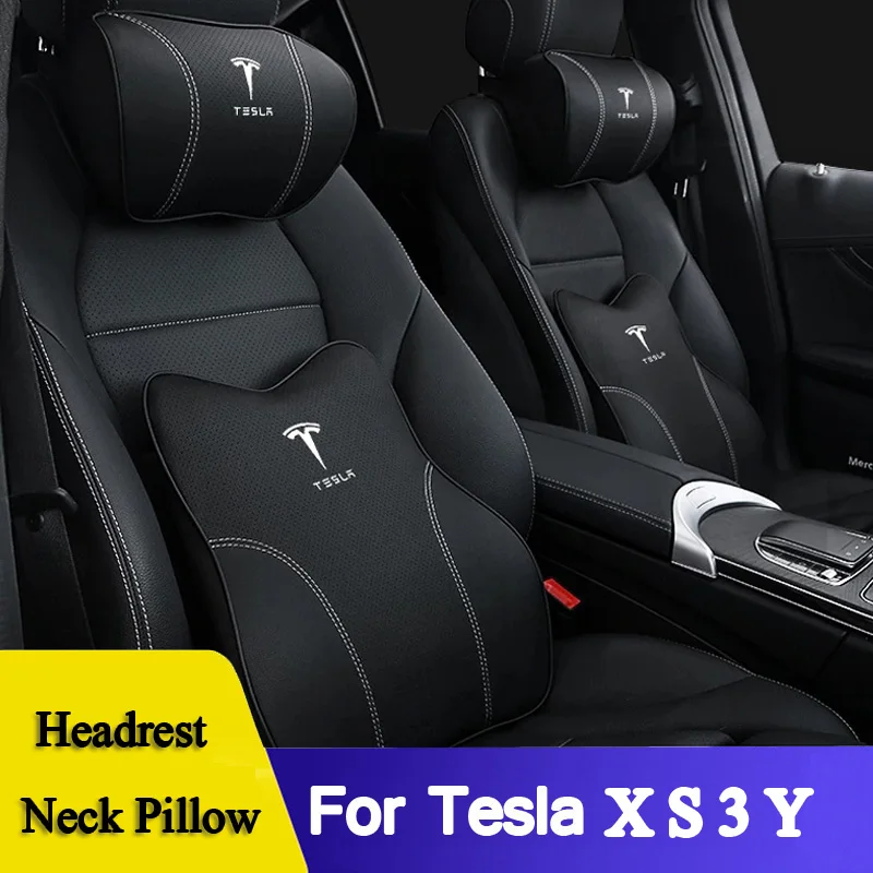 

3D Memory Foam Car Neck Pillow PU Leather Car Pillow Waist Rest Pillow Seat Back Rest Lumbar Cushion For Tesla Model 3 X S Y