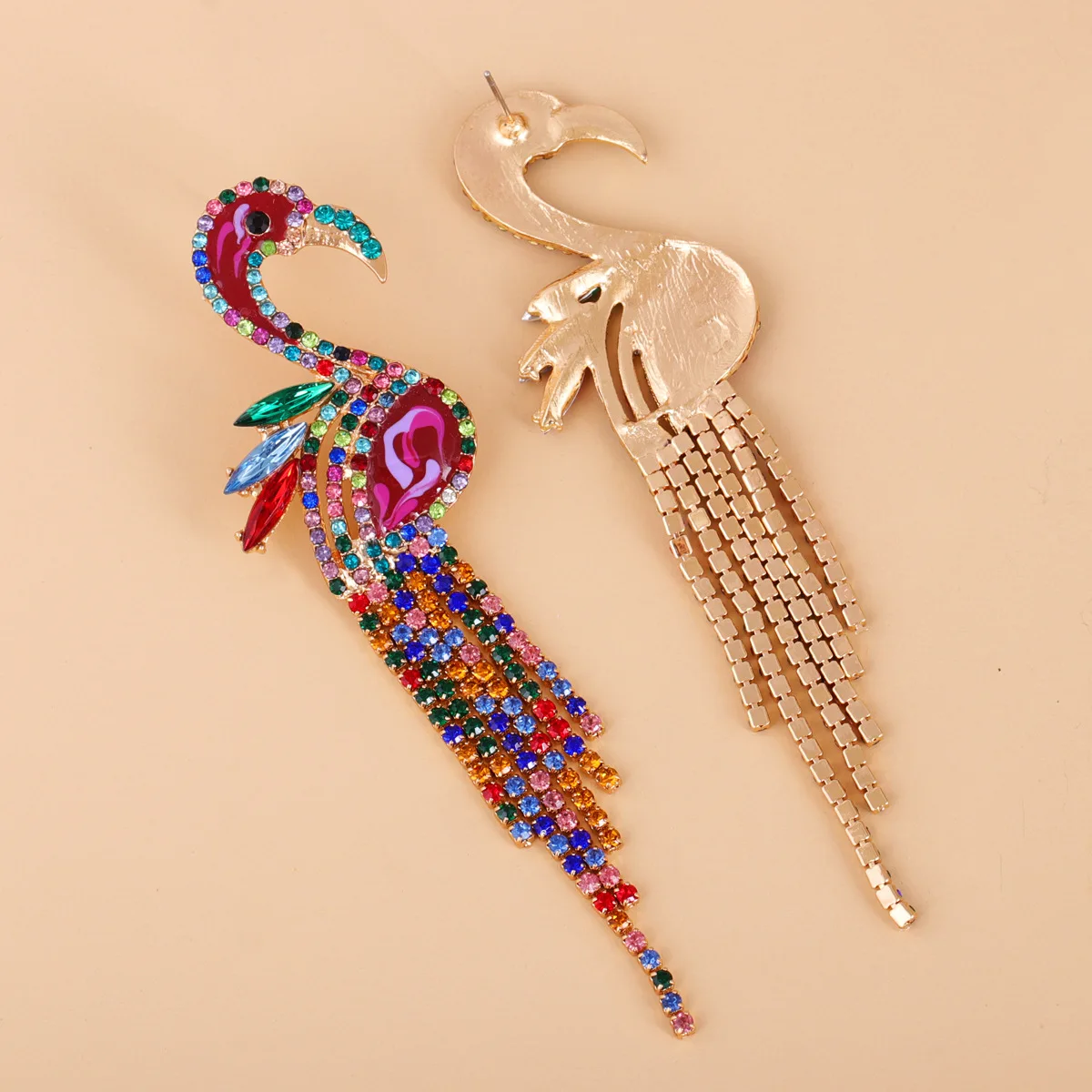 

1pair Designer Rainbow Gems Irregular Baroque Flamingo Long Tassel Bird Ear Dangle Drop Earring Vintage Antique Bridal Jewelry