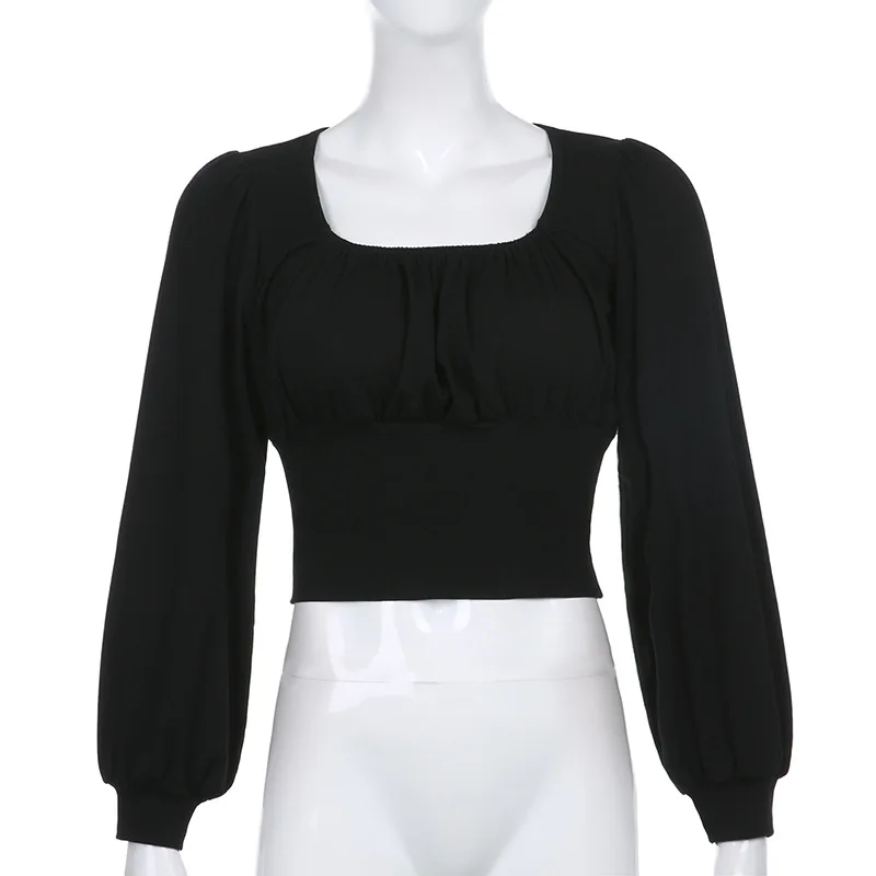 

Casual Black Tee Tops Long Puff Sleeve Slim Pullovers Autumn Women Square Collar T-Shirt Black Fashion Clothing