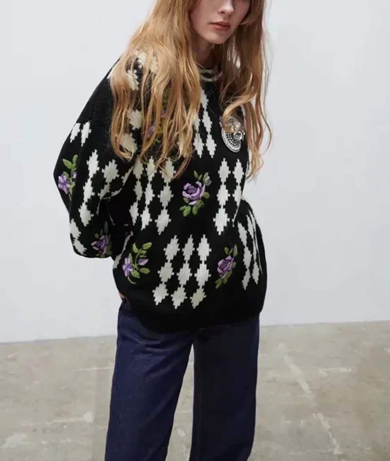 

Winter Women's Fashion Jacquard Color Matching Loose Pullover Sweater Sweater