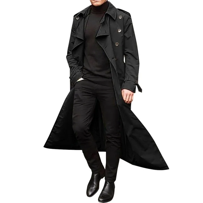 

2020 spring autumn new men's long windbreaker solid color fashion casual jacket lapel double-breasted male trench coat overcoat