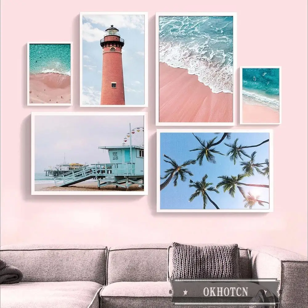 Скандинавский летний тропический пейзаж с изображением пальмы, Картина на холсте, скандинавский синий океан, розовый пляж, пейзаж, постер, настенные картины