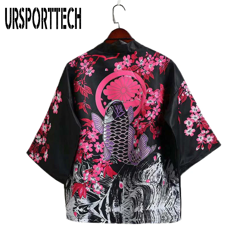 

URSPORTTECH Mens Kimono Cardigan Japanese Carp Print Loose Shirt Tops Summer Casual Woman Man Kimonos Coat Couple Yukata Kimonos