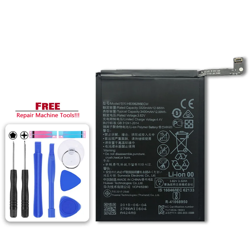 

Аккумулятор Huawei HB396285ECW 3400 мА · ч, для Huawei P20, Honor 10, COL-AL00, COL-AL10, COL-TL00, COL-TL10, COL-L29 + инструмент